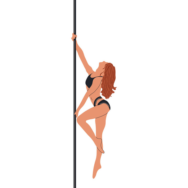 Junge Poledance-Frau im schwarzen Trikot, Vektor-Illustration im Cartoon-Stil isoliert auf Hintergrund. Junge, schlanke und schöne Pole-Tänzerin - Vektor, Bild