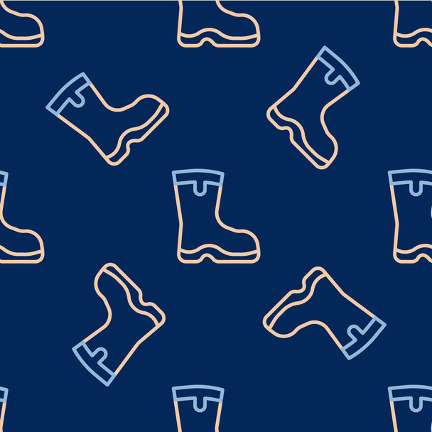 Linia buty wędkarskie ikona izolowane bezszwowy wzór na niebieskim tle. Wodoodporny gumowy but. Żelki do deszczowej pogody, wędkarstwo, myśliwy, ogrodnictwo. Wektor - Wektor, obraz