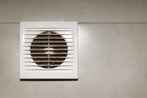 Air Vent with white Plastic Grate with Dust, Copy space. Layer of dust on Ventilation Grill - Fotoğraf, Görsel