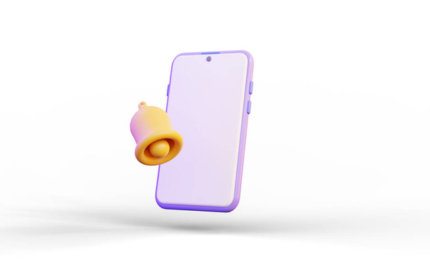 smart phone with notification bell sign on white background 3d render concept - Foto, Bild