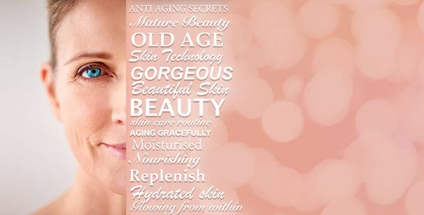 Senior woman, text overlay and beauty portrait, wellness and anti aging self care with mockup space. Elderly model, skincare collage and health with cosmetics, dermatology and studio background. - Photo, Image