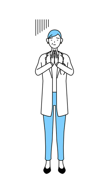 Жінка-лікар у білих халатах зі стетоскопами, старші ветерани середнього віку вибачаються руками перед тілом
. - Вектор, зображення