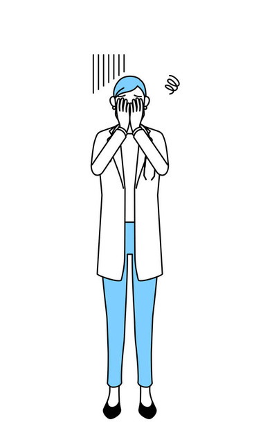 Female doctor in white coats with stethoscopes, senior, middle-aged veterans covering her face in depression. - Vektor, kép