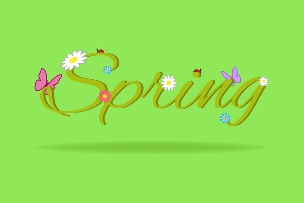 Spring word, flowers and butterfly vector - Vector, Image