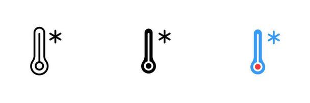 Θερμόμετρο με νιφάδες χιονιού. Παγετός, χειμώνας, ψυχρή εποχή, μέτρηση θερμοκρασίας, καιρικές συνθήκες, φύση, βροχόπτωση, χιόνι. Εικονίδιο σετ διάνυσμα στη γραμμή, μαύρο και πολύχρωμο στυλ σε λευκό φόντο - Διάνυσμα, εικόνα
