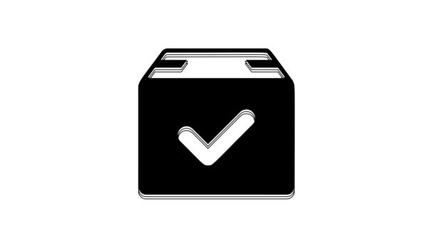 Musta Paketti laatikko valintamerkki kuvake eristetty valkoisella taustalla. Pakettilaatikko, jossa on valintamerkki. Hyväksytty toimitus tai onnistunut pakettikuitti. 4K Video motion graafinen animaatio. - Materiaali, video
