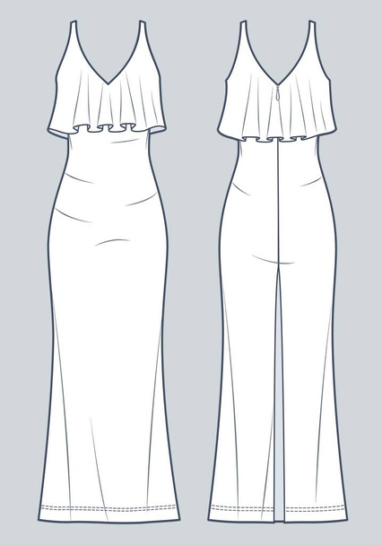 Maxi Φόρεμα τεχνική απεικόνιση της μόδας. Evening Dress fashion flat technical drawing template, slim fit, βολάν, πίσω σχισμή, μπροστά και πίσω όψη, λευκό χρώμα, γυναικείο CAD mockup. - Διάνυσμα, εικόνα