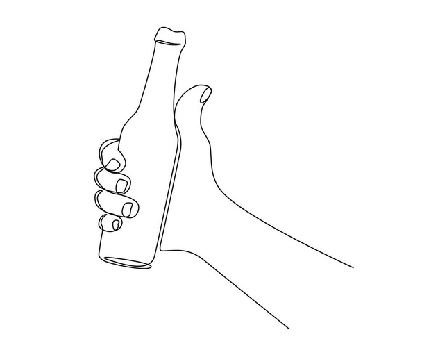 Desenho contínuo de uma linha de mão segurando garrafa de bebida. simples garrafa de vidro linha arte vetor ilustração. Conceito livre de plástico - Vetor, Imagem