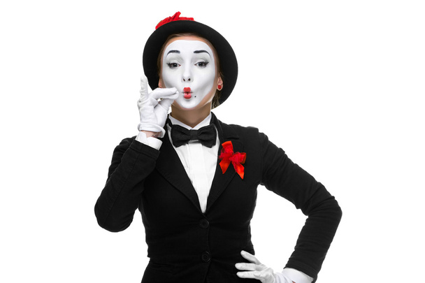 Portrait of the approving woman as mime showing something very small in size, isolated on white background - Fotografie, Obrázek