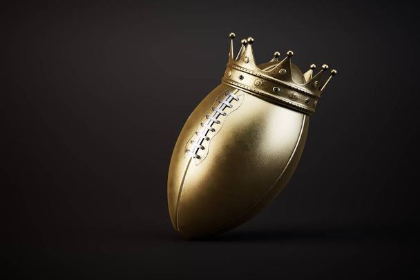 American Football Championship. a golden rugby ball in a crown on a black background. 3D render. - Photo, Image