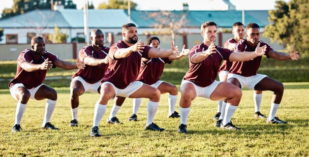 Rugby, warm up or team stretching in training, exercise or practice with solidarity or unity together. Collaboration, fitness group or athletes exercising to start a game or match in sports stadium. - Fotó, kép
