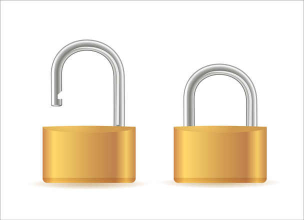 Gold padlocks set. Golden closed and open padlock isolated. Chrome locks template.Vector illustration - Vetor, Imagem
