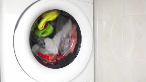 színes ruhák mosása mosógépben. automata mosógép működésben, forgó sokszínű dolgok üvegajtón keresztül. mosodai mosógép és mosógép forgó forgó - Felvétel, videó