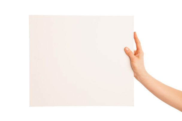 ένα χέρι που κρατά ένα μεγάλο κομμάτι λευκό χαρτόνι. - Φωτογραφία, εικόνα
