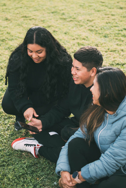 Hispanic family spending quality time together in a local park on a beautiful, sunny day. A teenage boy is sitting on the grass, holding his smartphone while looking away. His mother and sister are - Foto, Bild