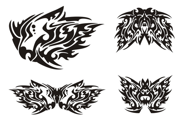 Tête de dragon noir flamboyant et papillons de style tribal
 - Vecteur, image