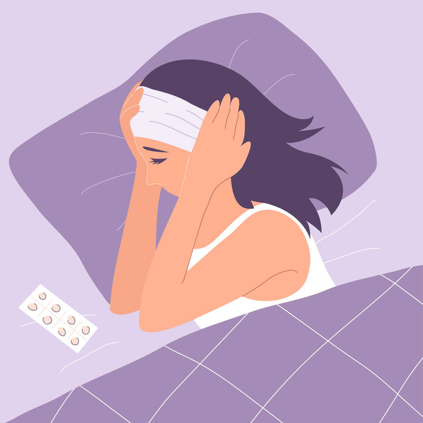 A woman in bed suffers from a headache - Vector, imagen