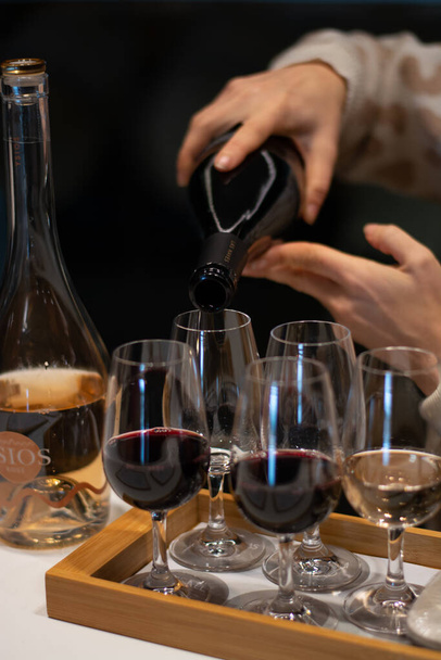 Tasting of variety of rioja wines, visit of winery cellars with french or american oak barrels with agening red wine, Rioja wine making region, Spain - Fotó, kép
