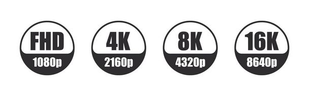 ετικέτες 4K Ultra HD. Εικονίδια ανάλυσης βίντεο ή οθόνης. Full HD, 4k ultra HD, εικονίδια ανάλυσης οθόνης 8k 16k. Σήματα διανύσματος - Διάνυσμα, εικόνα