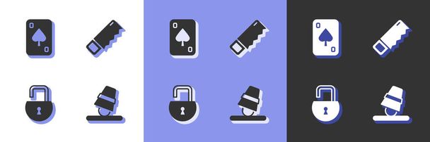 Set Game thimbles, Playing cards, Open padlock and Hand saw icon. Vector - Vettoriali, immagini