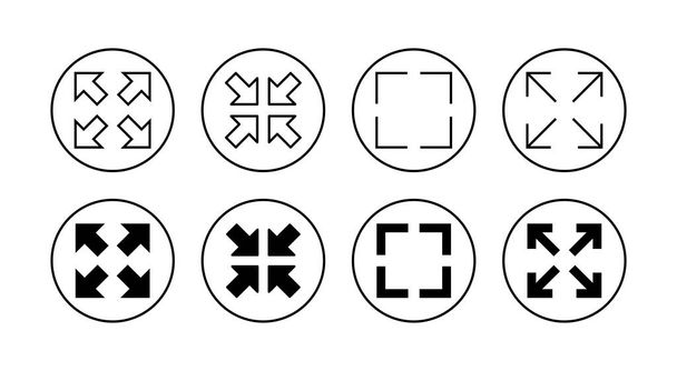 Conjunto de ícones de ecrã completo. Expandir para o sinal de tela cheia e símbolo. Símbolo de setas - Vetor, Imagem