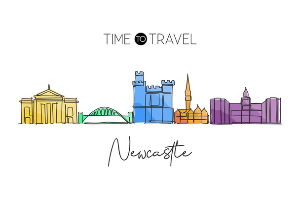 Ενιαία συνεχή γραμμή σχέδιο του Newcastle ορίζοντα της πόλης. Διάσημο τοπίο ουρανοξύστη πόλης στον κόσμο. Travel campaign διακόσμηση τοίχου σπίτι τέχνη αφίσα έννοια. Σύγχρονη μία γραμμή σχεδίαση εικονογράφηση διάνυσμα - Διάνυσμα, εικόνα