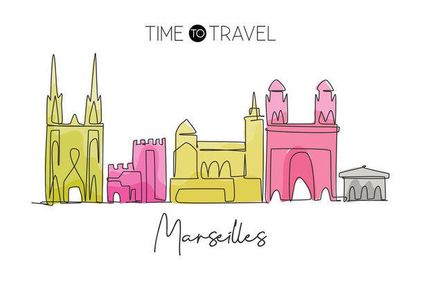 Єдиний безперервний малюнок міста Марсель, Франція. Знаменитий пейзаж хмарочосу. Концепція малювання плакату на стінах світу. Сучасна однорядкова ілюстрація - Вектор, зображення