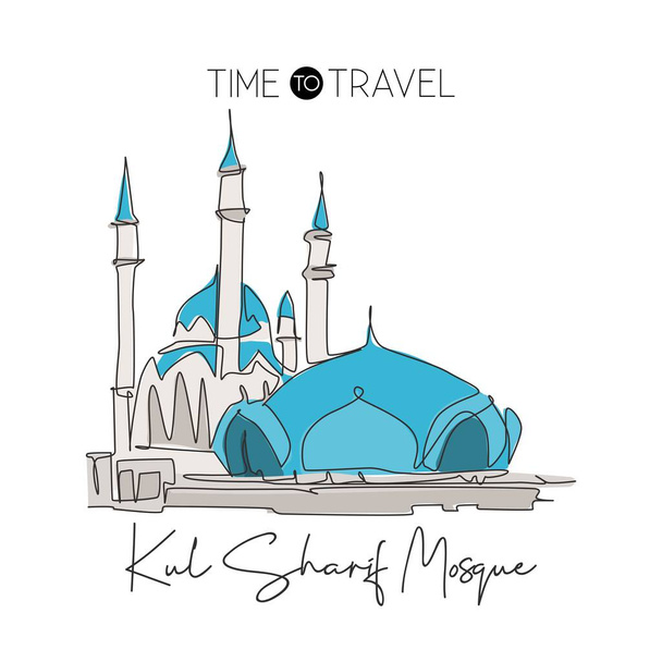 Single continuous line drawing Kul Sharif Mosque landmark. Beautiful famous place in Kazan Russia. World holy place home wall decor poster art concept. Dynamic one line draw design vector illustration - Vector, Image