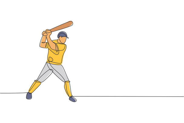 Jedna souvislá čára kreslení mladého sportovního hráče baseballu trénink odpálit míč na hřišti. Konkurenční sportovní koncept. Dynamické jednořádkové kreslení vektorové ilustrace pro propagační plakát - Vektor, obrázek