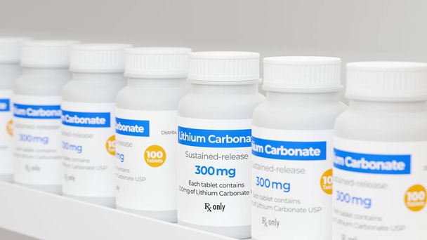 Lityum Karbonat bir dengeleyicidir. Ruh hali bozuklukları ve anksiyete tedavisinde kullanılır. Eczane rafındaki ilaç şişesi 3D illüstrasyon. - Fotoğraf, Görsel