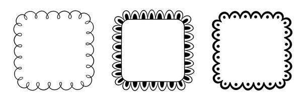 Doodle square scalloped frame. Hand drawn scalloped edge rectangle shape. Simple square label form. Flower silhouette lace frame. Vector illustration isolated on white background. - Vector, Image