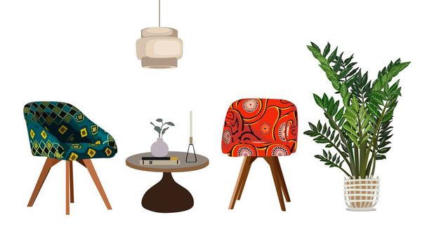 Armchairs, coffee table and house plant hand drawn vector illustration. Living room furniture, home retro interior items. Colorful vintage chairs and round table drawing. Isolated on white background. - Vector, Image