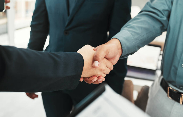 Handshake, business partnership and agreement closeup, collaboration or b2b welcome, thank you and clients meeting. People shaking hands in job interview, career promotion or hiring deal with success. - Foto, afbeelding