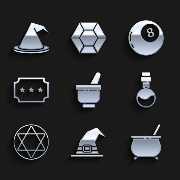 Set Magic mortar and pestle, Witch hat, cauldron, Bottle with love potion, Star of David, Ticket, ball predictions and  icon. Vector - Vector, Image