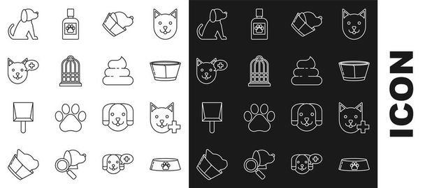 Set line Pet food bowl for cat or dog, Veterinary clinic symbol, Protective cone collar, Cage birds, Dog and Shit icon. Vector - Wektor, obraz