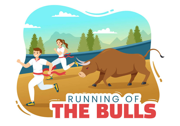 Running of the Bulls Illustration with Bullfighting Show in Arena in Flat Cartoon Hand Drawn for Web Banner or Landing Page Template - Vektör, Görsel