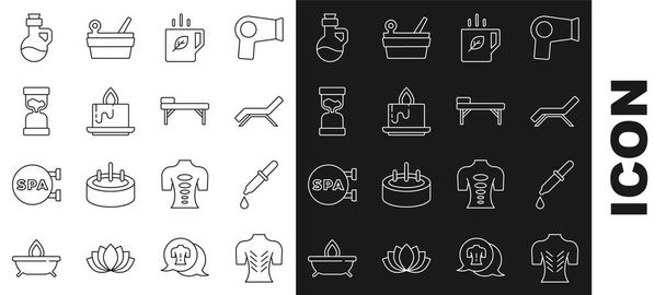 Set line Massage, Pipette, Sunbed and umbrella, Cup of tea leaf, Aroma candle, Old hourglass, Essential oil bottle and table icon. Vector - Vetor, Imagem