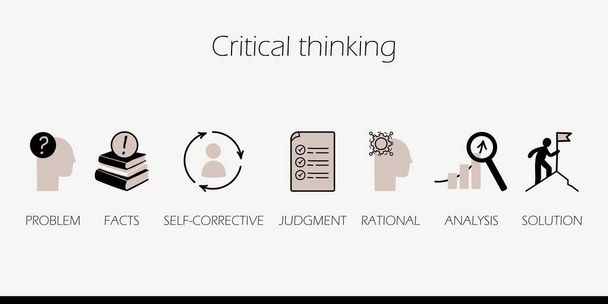 Critical thinking icon set. Problem solving, data analysis, reasoning, fact evaluation, research, logic, rationality, decision making infographic. - Vektori, kuva