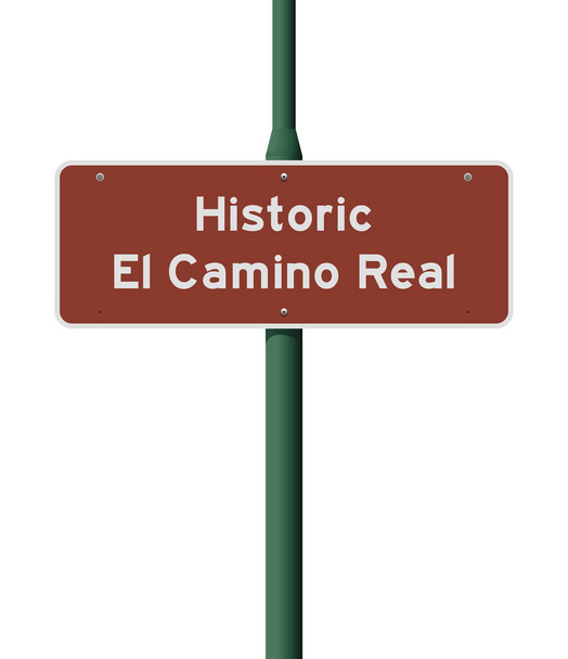 Векторная иллюстрация коричневого дорожного знака El Camino Real (Калифорния) на зеленом столбе - Вектор,изображение