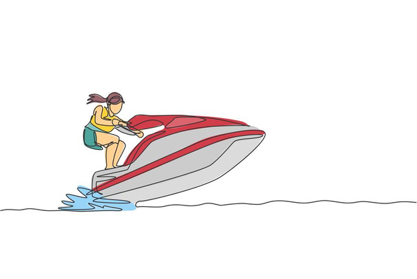 Una sola línea de dibujo joven deportista jugar jet ski en la playa del mar ilustración vectorial gráfico. Estilo de vida saludable y concepto de deporte extremo. Vacaciones de verano. Diseño de dibujo de línea continua moderna - Vector, imagen