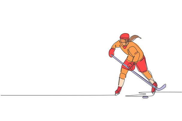 Ένα ενιαίο σχέδιο γραμμή του νεαρού παίκτη χόκεϊ επί πάγου σε δράση για να παίξει ένα ανταγωνιστικό παιχνίδι σε παγοδρόμιο γήπεδο διανυσματική εικονογράφηση γραφικών. Αθλητική ιδέα τουρνουά. Μοντέρνος σχεδιασμός συνεχούς γραμμής - Διάνυσμα, εικόνα