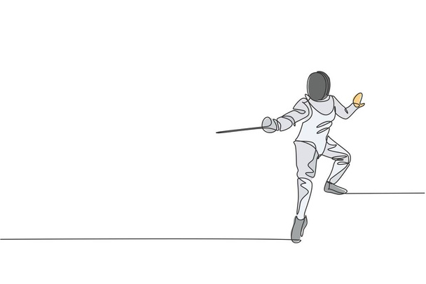 Una sola línea de dibujo de un joven atleta esgrima en traje de esgrima ejerciendo el movimiento en el deporte arena vector ilustración. Concepto deportivo combativo y combativo. Diseño de dibujo de línea continua moderna - Vector, Imagen