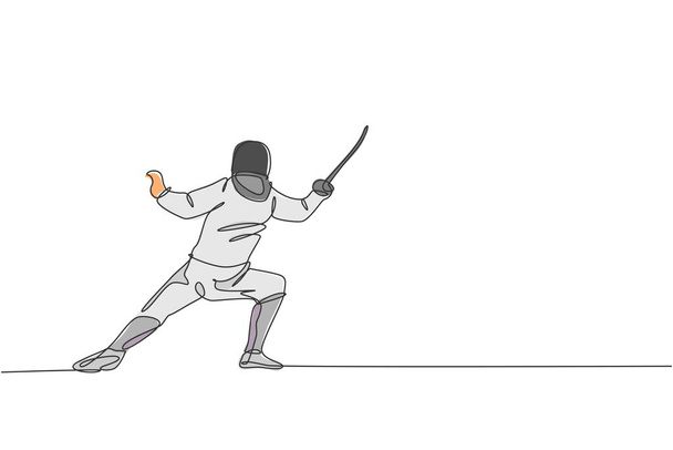 Один сплошной розыгрыш линии юноши фехтования спортсмен практикует боевые действия на профессиональной спортивной арене. Фехтование костюма и владение мечом. Динамическая иллюстрация вектора рисунка одной линии - Вектор,изображение