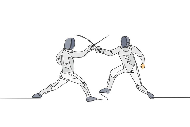 Eskrim kostümlü iki erkek eskrim sporcusunun spor arena vektör illüstrasyonunda hareketli bir çizimi. Savaşçı ve dövüş sporu konsepti. Modern sürekli çizgi çizimi tasarımı - Vektör, Görsel