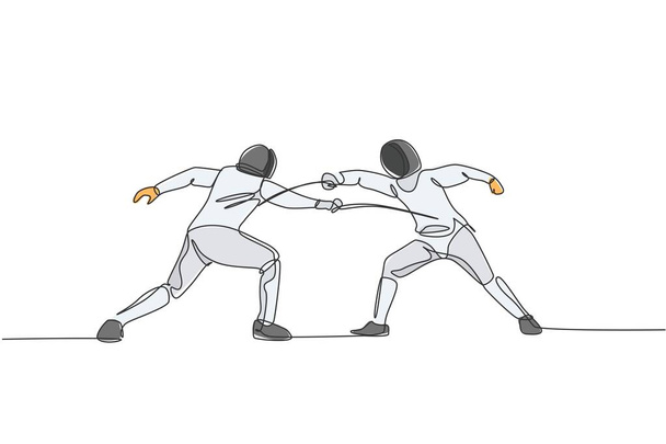 Μια συνεχής γραμμή σχεδίασης δύο ανδρών ξιφομαχία αθλητής πρακτική αγωνίζονται στην επαγγελματική αρένα του αθλητισμού. Ξιφασκία κοστούμι και κρατώντας την ιδέα σπαθί. Δυναμική μονοσήμαντη σχεδίαση διανυσματική απεικόνιση - Διάνυσμα, εικόνα
