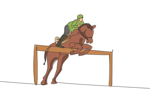 Egy vonalas rajz fiatal lovasemberről, aki díjhajtást hajt végre, amint átugrik az akadályvektor-illusztráció grafikáján. Lovas sport show verseny koncepció. Modern folyamatos vonalhúzási terv - Vektor, kép