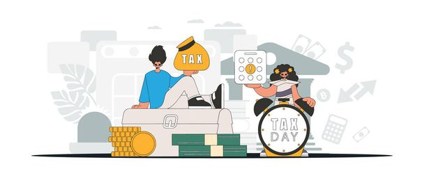 Fashionable girl and guy demonstrate paying taxes. Graphic illustration on the theme of tax payments. - Vektor, Bild