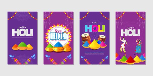 Vector illustration of Happy Holi wishes social media story feed set mockup template - Vecteur, image