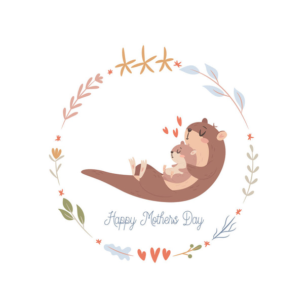Mama Otter con bebé. Feliz Día de las Madres tarjeta de felicitación concepto. - Vector, imagen