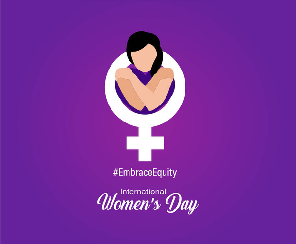 Nemzetközi Nőnap 2023, kampány témája: Embrace Equity. Nők napi transzparens vektor illusztráció. Adj a méltányosságnak egy hatalmas ölelést.. - Vektor, kép
